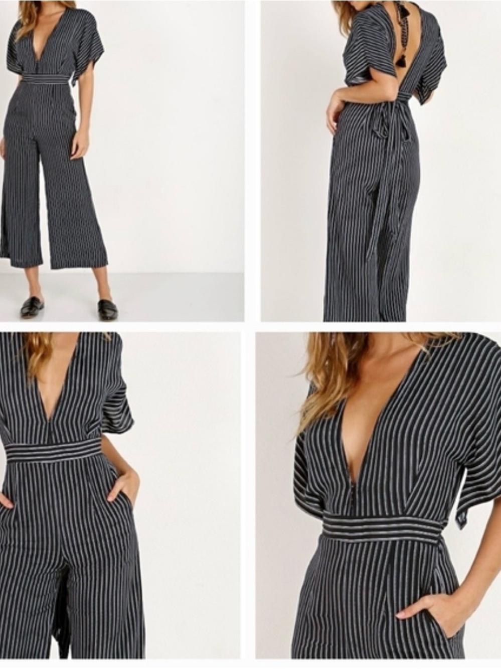 Faithfull the Brand Black and White Pinstripe V-Neck Wide-Leg Jumpsuit